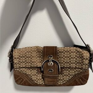 Coach Brown Signature Canvas Shoulder Bag with Suede Trim